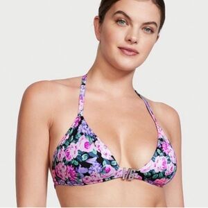 NWT Victoria’s Secret Swim Shine Triangle Halter Bikini Top Floral Black XS